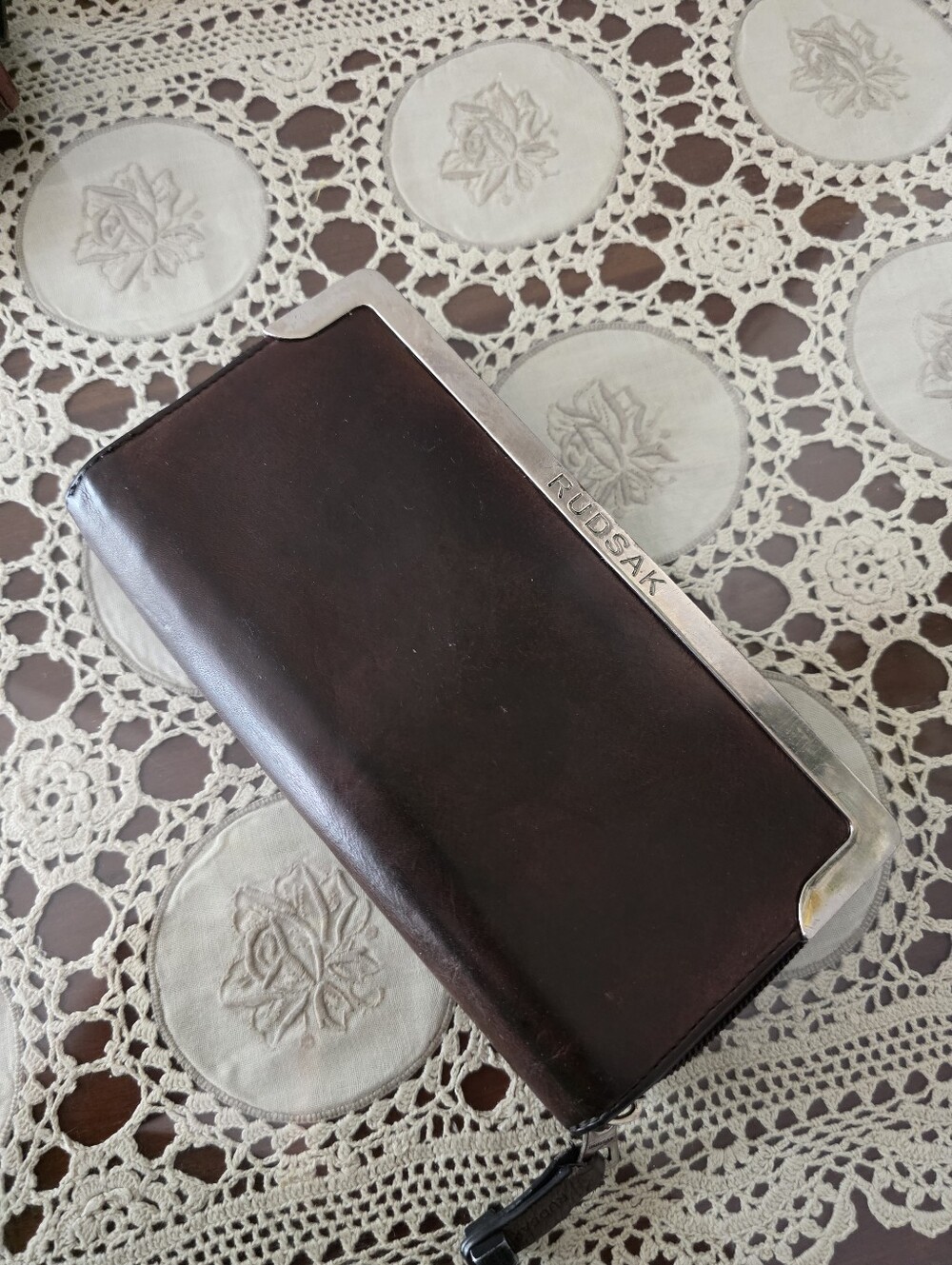 RUDSAK Brown Leather Zip-Around Wallet with Silver Trim